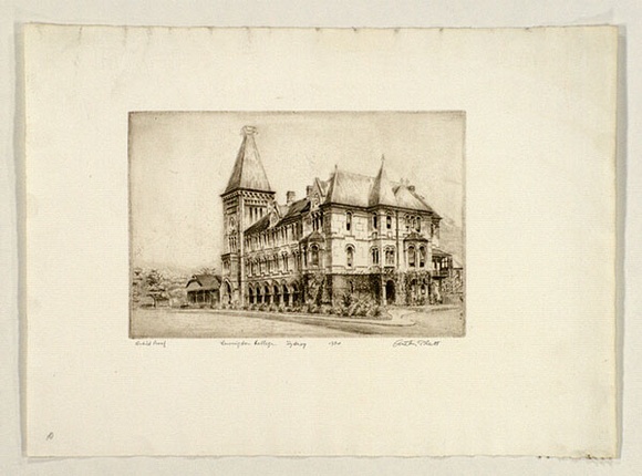 Artist: b'PLATT, Austin' | Title: b'Newington College, Sydney' | Date: 1934 | Technique: b'etching, printed in black ink, from one plate' Artist: b'PLATT, Austin' | Title: b'Newington College, Sydney' | Date: 1934 | Technique: b'etching, printed in black ink, from one plate'