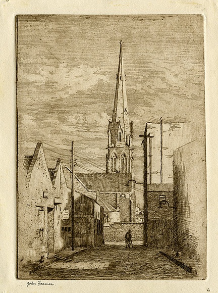 Artist: b'Farmer, John.' | Title: b'Church in Lonsdale Street.' | Date: c.1956 | Technique: b'etching, printed in brown ink with plate-tone, from one plate' Artist: b'Farmer, John.' | Title: b'Church in Lonsdale Street.' | Date: c.1956 | Technique: b'etching, printed in brown ink with plate-tone, from one plate'