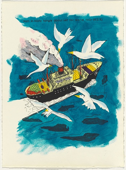 Artist: b'WORSTEAD, Paul' | Title: b'Ham in nasty tangle about set for world tour' | Date: 1981 | Technique: b'screenprint, printed in black ink, from one stencil; hand-coloured' | Copyright: b'This work appears on screen courtesy of the artist' Artist: b'WORSTEAD, Paul' | Title: b'Ham in nasty tangle about set for world tour' | Date: 1981 | Technique: b'screenprint, printed in black ink, from one stencil; hand-coloured' | Copyright: b'This work appears on screen courtesy of the artist'