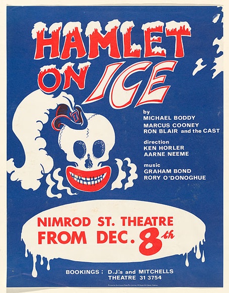 Artist: b'Dawson, Janet.' | Title: b'Hamlet on Ice, Nimrod Street Theatre, Sydney.' | Date: 1971 | Technique: b'screenprint, printed in colour, from two stencils' | Copyright: b'\xc2\xa9 Janet Dawson. Licensed by VISCOPY, Australia' Artist: b'Dawson, Janet.' | Title: b'Hamlet on Ice, Nimrod Street Theatre, Sydney.' | Date: 1971 | Technique: b'screenprint, printed in colour, from two stencils' | Copyright: b'\xc2\xa9 Janet Dawson. Licensed by VISCOPY, Australia'