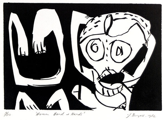 Artist: b'Burgess, Jeff.' | Title: b'Human head and hands.' | Date: 1982 | Technique: b'linocut, printed in black ink, from one block' Artist: b'Burgess, Jeff.' | Title: b'Human head and hands.' | Date: 1982 | Technique: b'linocut, printed in black ink, from one block'