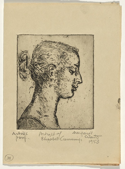 Artist: b'Cilento, Margaret.' | Title: b'Portrait of Elizabeth Cummings.' | Date: 1953 | Technique: b'etching, printed in black ink, from one plate' Artist: b'Cilento, Margaret.' | Title: b'Portrait of Elizabeth Cummings.' | Date: 1953 | Technique: b'etching, printed in black ink, from one plate'