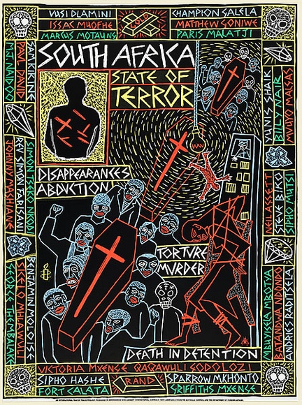 Artist: REDBACK GRAPHIX | Title: Amnesty: South Africa, State of terror. | Date: 1986 | Technique: screenprint, printed in colour, from four stencils | Copyright: © Michael Callaghan