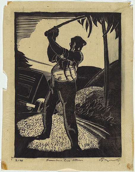 Artist: b'Buzacott, Nutter.' | Title: b'Queensland road worker.' | Date: c.1931 | Technique: b'linocut, printed in black ink, from one block' Artist: b'Buzacott, Nutter.' | Title: b'Queensland road worker.' | Date: c.1931 | Technique: b'linocut, printed in black ink, from one block'