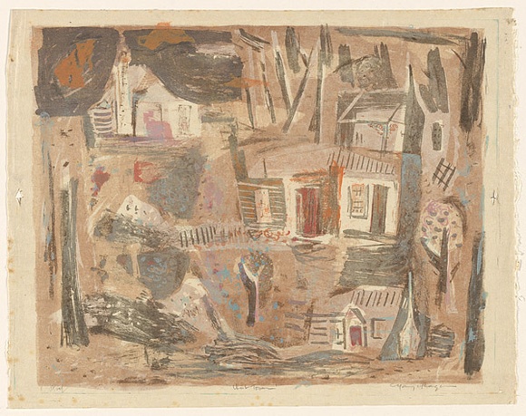 Artist: b'MACQUEEN, Mary' | Title: b'Ghost town' | Date: 1964 | Technique: b'lithograph, printed in colour on recto and verso, from multiple plates' | Copyright: b'Courtesy Paulette Calhoun, for the estate of Mary Macqueen' Artist: b'MACQUEEN, Mary' | Title: b'Ghost town' | Date: 1964 | Technique: b'lithograph, printed in colour on recto and verso, from multiple plates' | Copyright: b'Courtesy Paulette Calhoun, for the estate of Mary Macqueen'