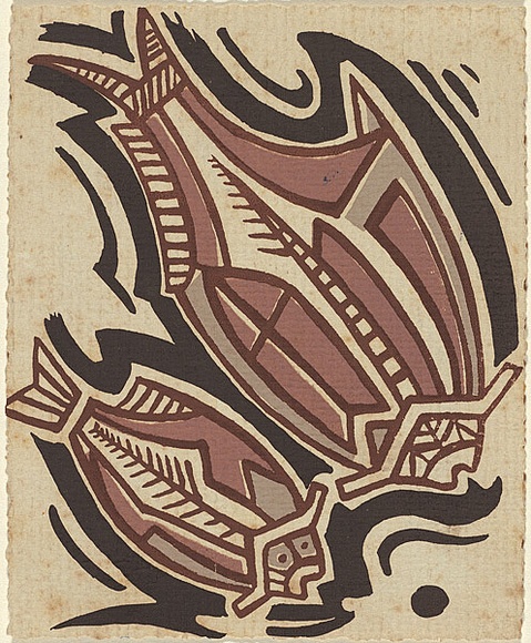 Artist: b'Palmer, Ethleen.' | Title: b'(Aboriginal fish)' | Date: c.1955 | Technique: b'screenprint, printed in colour, from three stencils' Artist: b'Palmer, Ethleen.' | Title: b'(Aboriginal fish)' | Date: c.1955 | Technique: b'screenprint, printed in colour, from three stencils'