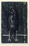 Artist: Buckley, Sue. | Title: Bird in the rain. | Date: 1961 | Technique: woodcut, printed in black ink, from one block; hand-coloured | Copyright: This work appears on screen courtesy of Sue Buckley and her sister Jean Hanrahan