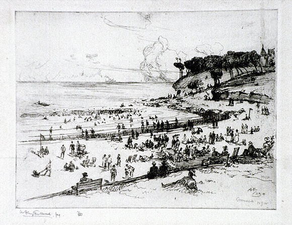 Artist: b'FULLWOOD, A.H.' | Title: b'Cronulla Beach.' | Date: 1924 | Technique: b'etching, printed in black ink, from one plate' Artist: b'FULLWOOD, A.H.' | Title: b'Cronulla Beach.' | Date: 1924 | Technique: b'etching, printed in black ink, from one plate'