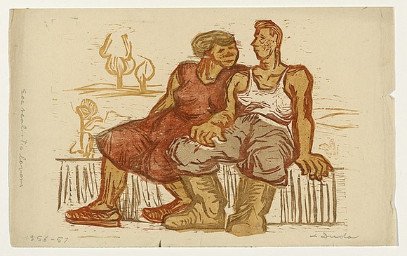 Artist: b'Groblicka, Lidia.' | Title: b'Social realistic lovers' | Date: 1956-57 | Technique: b'woodcut, printed in colour, from multiple blocks' Artist: b'Groblicka, Lidia.' | Title: b'Social realistic lovers' | Date: 1956-57 | Technique: b'woodcut, printed in colour, from multiple blocks'