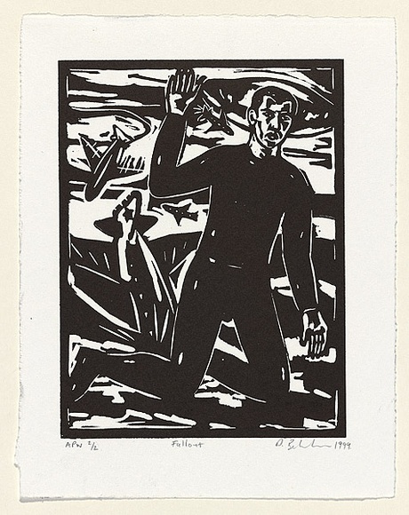 Artist: b'Belvedere, Dominic.' | Title: b'Fallout' | Date: 1999, November | Technique: b'linocut, printed in black ink, from one block' Artist: b'Belvedere, Dominic.' | Title: b'Fallout' | Date: 1999, November | Technique: b'linocut, printed in black ink, from one block'