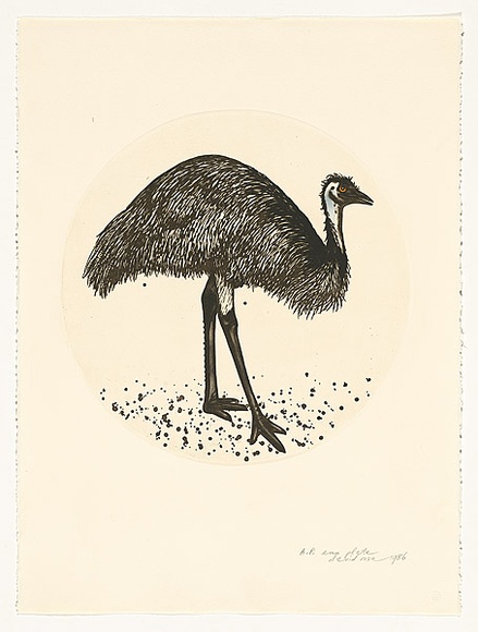 Artist: b'Rose, David.' | Title: b'Emu plate' | Date: 1986 | Technique: b'aquatint, printed in black ink, from one plate; hand-coloured' Artist: b'Rose, David.' | Title: b'Emu plate' | Date: 1986 | Technique: b'aquatint, printed in black ink, from one plate; hand-coloured'