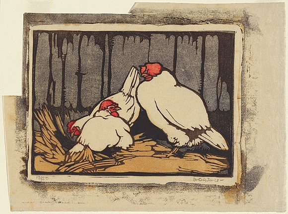 Artist: b'OGILVIE, Helen' | Title: b'Chooks in the straw.' | Date: 1932 | Technique: b'linocut, printed in colour, from three blocks' Artist: b'OGILVIE, Helen' | Title: b'Chooks in the straw.' | Date: 1932 | Technique: b'linocut, printed in colour, from three blocks'