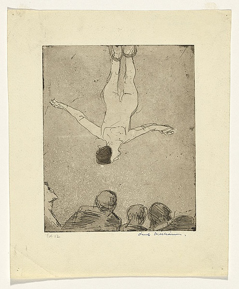 Artist: b'WILLIAMS, Fred' | Title: b'Trapeze' | Date: 1955-56 | Technique: b'etching, drypoint and aquatint, printed in black ink, from one copper plate' | Copyright: b'\xc2\xa9 Fred Williams Estate' Artist: b'WILLIAMS, Fred' | Title: b'Trapeze' | Date: 1955-56 | Technique: b'etching, drypoint and aquatint, printed in black ink, from one copper plate' | Copyright: b'\xc2\xa9 Fred Williams Estate'