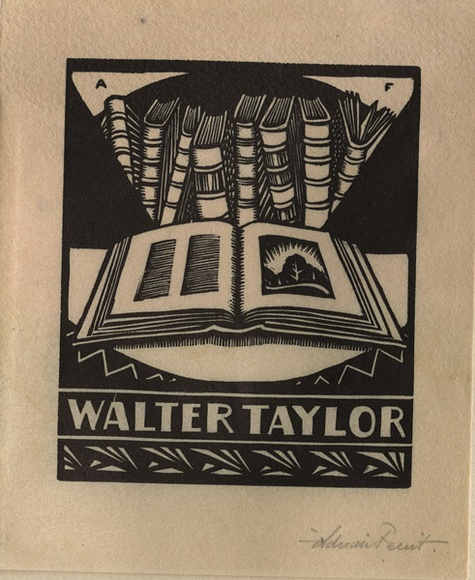 Artist: b'FEINT, Adrian' | Title: b'Bookplate: Walter Taylor.' | Date: (1927) | Technique: b'wood-engraving, printed in black ink, from one block' | Copyright: b'Courtesy the Estate of Adrian Feint' Artist: b'FEINT, Adrian' | Title: b'Bookplate: Walter Taylor.' | Date: (1927) | Technique: b'wood-engraving, printed in black ink, from one block' | Copyright: b'Courtesy the Estate of Adrian Feint'