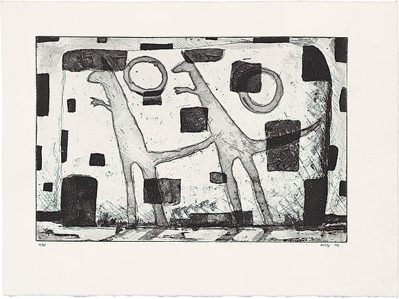 Artist: b'Kelly, John.' | Title: b'Two shadowy figures' | Date: 2002 | Technique: b'etching and aquatint, printed in black ink, from one plate' | Copyright: b'\xc2\xa9 John Kelly. Licensed by VISCOPY, Australia.' Artist: b'Kelly, John.' | Title: b'Two shadowy figures' | Date: 2002 | Technique: b'etching and aquatint, printed in black ink, from one plate' | Copyright: b'\xc2\xa9 John Kelly. Licensed by VISCOPY, Australia.'