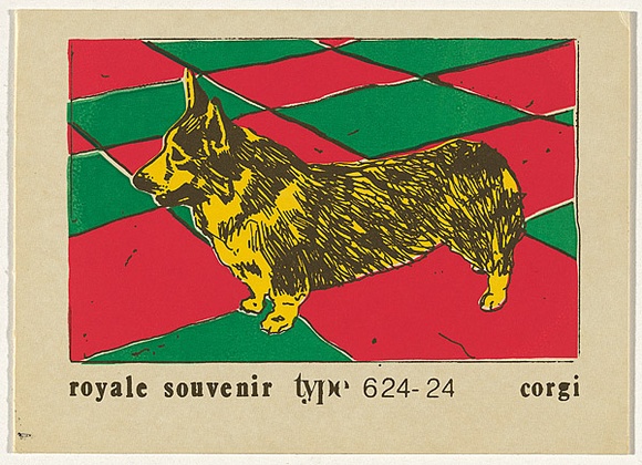 Artist: b'Megalo Screenprinting Collective.' | Title: b'Royal souvenir type 624-24: corgi' | Date: 1981 | Technique: b'screenprint, printed in colour, from four stencils' Artist: b'Megalo Screenprinting Collective.' | Title: b'Royal souvenir type 624-24: corgi' | Date: 1981 | Technique: b'screenprint, printed in colour, from four stencils'