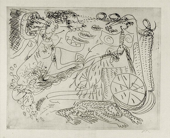 Artist: b'BOYD, Arthur' | Title: b'Beasts with wheelchair, ram, mouths and bouquet.' | Date: (1968-69) | Technique: b'etching, printed in black ink, from one plate' | Copyright: b'Reproduced with permission of Bundanon Trust' Artist: b'BOYD, Arthur' | Title: b'Beasts with wheelchair, ram, mouths and bouquet.' | Date: (1968-69) | Technique: b'etching, printed in black ink, from one plate' | Copyright: b'Reproduced with permission of Bundanon Trust'
