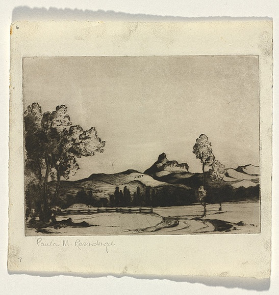 Artist: b'Rosenstengel, Paula.' | Title: b'Mt Warning, Tweed Valley NSW' | Date: c.1935 | Technique: b'drypoint, printed in greenish black ink, from one plate' Artist: b'Rosenstengel, Paula.' | Title: b'Mt Warning, Tweed Valley NSW' | Date: c.1935 | Technique: b'drypoint, printed in greenish black ink, from one plate'