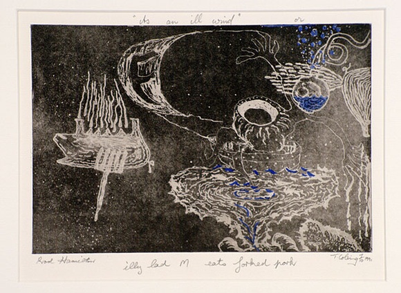 Artist: b'COLEING, Tony' | Title: b'it\'s an ill wind or illy lad M eats forked pork.' | Date: 1991 | Technique: b'aquatint, printed in black ink, from one plate; hand-coloured'