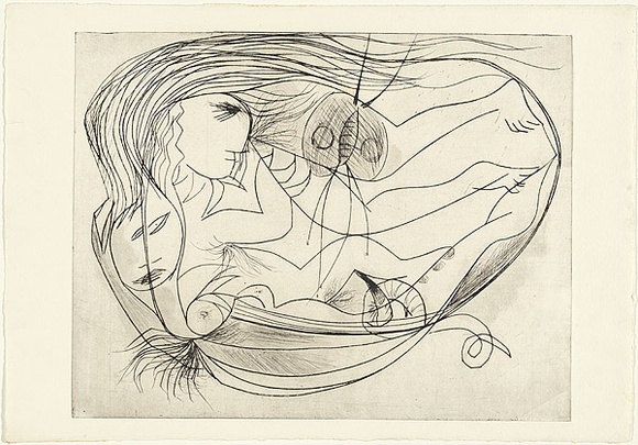 Artist: b'BOYD, Arthur' | Title: bNudes with moth and ram's horns. | Date: (1968-69) | Technique: b'drypoint, printed in black ink, from one plate' | Copyright: b'Reproduced with permission of Bundanon Trust' Artist: b'BOYD, Arthur' | Title: bNudes with moth and ram's horns. | Date: (1968-69) | Technique: b'drypoint, printed in black ink, from one plate' | Copyright: b'Reproduced with permission of Bundanon Trust'