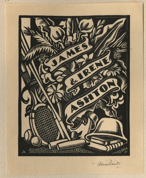 Artist: b'FEINT, Adrian' | Title: b'Bookplate: James & Irene Ashton.' | Date: (1935) | Technique: b'wood-engraving, printed in black ink, from one block' | Copyright: b'Courtesy the Estate of Adrian Feint' Artist: b'FEINT, Adrian' | Title: b'Bookplate: James & Irene Ashton.' | Date: (1935) | Technique: b'wood-engraving, printed in black ink, from one block' | Copyright: b'Courtesy the Estate of Adrian Feint'
