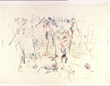 Artist: b'MACQUEEN, Mary' | Title: b'Circus' | Date: c.1960 | Technique: b'lithograph, printed in colour, from multiple plates in black, blue and orange ink' | Copyright: b'Courtesy Paulette Calhoun, for the estate of Mary Macqueen'