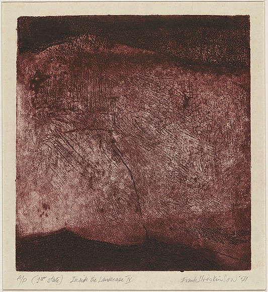 Artist: b'Hodgkinson, Frank.' | Title: b'Inside the landscape IV' | Date: 1971 | Technique: b'hard ground etching and deep etching, printed in burgandy, from one plate' Artist: b'Hodgkinson, Frank.' | Title: b'Inside the landscape IV' | Date: 1971 | Technique: b'hard ground etching and deep etching, printed in burgandy, from one plate'
