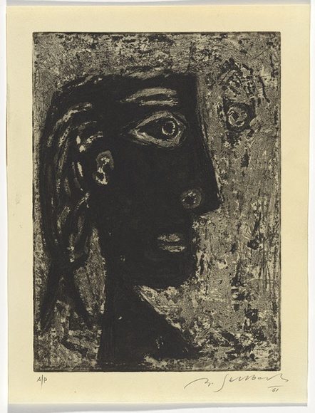 Artist: b'SELLBACH, Udo' | Title: b'(Head)' | Date: 1961 | Technique: b'etching, aquatint, foul biting printed in black ink, from one plate with plate-tone' Artist: b'SELLBACH, Udo' | Title: b'(Head)' | Date: 1961 | Technique: b'etching, aquatint, foul biting printed in black ink, from one plate with plate-tone'