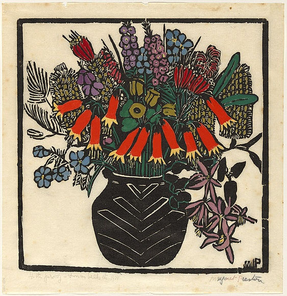 Artist: b'PRESTON, Margaret' | Title: b'Christmas bells' | Date: 1925 | Technique: b'woodcut, printed in black ink, from one block; hand-coloured' | Copyright: b'\xc2\xa9 Margaret Preston. Licensed by VISCOPY, Australia' Artist: b'PRESTON, Margaret' | Title: b'Christmas bells' | Date: 1925 | Technique: b'woodcut, printed in black ink, from one block; hand-coloured' | Copyright: b'\xc2\xa9 Margaret Preston. Licensed by VISCOPY, Australia'