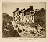 Artist: LINDSAY, Lionel | Title: Old houses built by Lang's masons, Miller's Point, The Rocks, Sydney | Date: 1936 | Technique: etching, printed in brown ink with plate-tone, from one plate | Copyright: Courtesy of the National Library of Australia