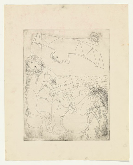 Artist: b'BOYD, Arthur' | Title: b'Bert Hinkler; his wife and lion and letter.' | Date: (1968-69) | Technique: b'etching, printed in black ink, from one plate' | Copyright: b'Reproduced with permission of Bundanon Trust' Artist: b'BOYD, Arthur' | Title: b'Bert Hinkler; his wife and lion and letter.' | Date: (1968-69) | Technique: b'etching, printed in black ink, from one plate' | Copyright: b'Reproduced with permission of Bundanon Trust'