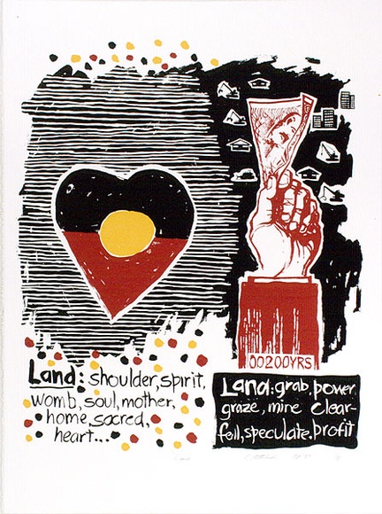 Artist: b'Clutterbuck, Bob.' | Title: b'Land.' | Date: 1987 | Technique: b'screenprint, printed in colour, from three stencils' Artist: b'Clutterbuck, Bob.' | Title: b'Land.' | Date: 1987 | Technique: b'screenprint, printed in colour, from three stencils'