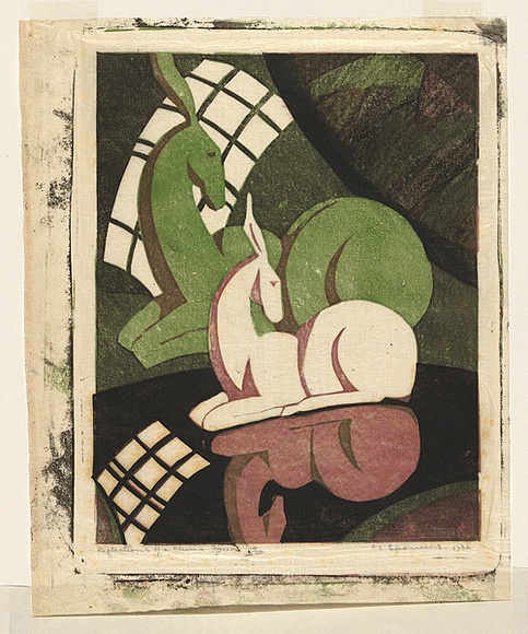 Artist: b'Spowers, Ethel.' | Title: b'Reflections of a china fawn' | Date: 1932 | Technique: b'linocut, printed in colour, from four blocks (viridian, mauve, light black, black)' Artist: b'Spowers, Ethel.' | Title: b'Reflections of a china fawn' | Date: 1932 | Technique: b'linocut, printed in colour, from four blocks (viridian, mauve, light black, black)'