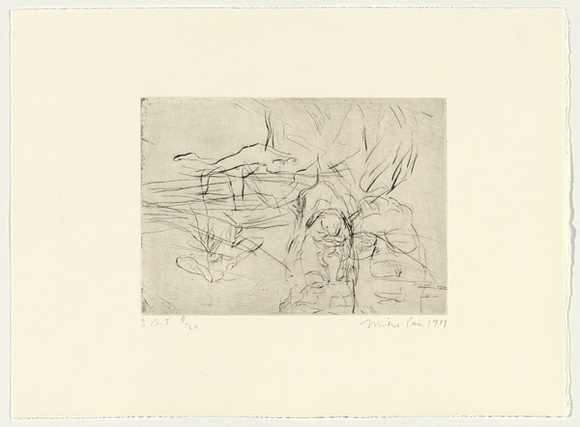 Artist: b'PARR, Mike' | Title: b'Gun into vanishing point 20' | Date: 1988-89 | Technique: b'drypoint and foul biting, printed in black ink, from one copper plate' Artist: b'PARR, Mike' | Title: b'Gun into vanishing point 20' | Date: 1988-89 | Technique: b'drypoint and foul biting, printed in black ink, from one copper plate'