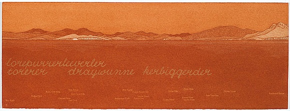 Artist: b'MADDOCK, Bea' | Title: b'Terra Spiritus...with a darker shade of pale' | Date: 1993-98 | Technique: b'stencil print, printed in hand-ground Launceston ochre from multiple hand-cut mylar stencils; letterpress text blind printed; hand-drawn script' Artist: b'MADDOCK, Bea' | Title: b'Terra Spiritus...with a darker shade of pale' | Date: 1993-98 | Technique: b'stencil print, printed in hand-ground Launceston ochre from multiple hand-cut mylar stencils; letterpress text blind printed; hand-drawn script'