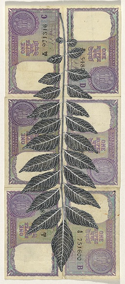 Artist: b'HALL, Fiona' | Title: b'Murraya koenigii - Curry leaf (Indian currency)' | Date: 2000 - 2002 | Technique: b'gouache' | Copyright: b'\xc2\xa9 Fiona Hall' Artist: b'HALL, Fiona' | Title: b'Murraya koenigii - Curry leaf (Indian currency)' | Date: 2000 - 2002 | Technique: b'gouache' | Copyright: b'\xc2\xa9 Fiona Hall'