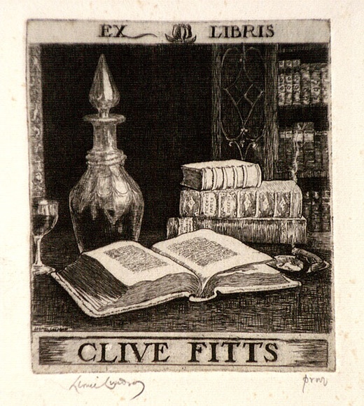 Artist: b'LINDSAY, Lionel' | Title: b'Book plate: Clive Fitts' | Date: 1945, October | Technique: b'etching, printed in black ink, from one plate' | Copyright: b'Courtesy of the National Library of Australia' Artist: b'LINDSAY, Lionel' | Title: b'Book plate: Clive Fitts' | Date: 1945, October | Technique: b'etching, printed in black ink, from one plate' | Copyright: b'Courtesy of the National Library of Australia'