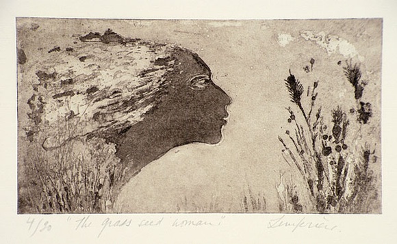 Artist: b'Lempriere, Helen' | Title: b'The grass seed woman' | Date: 1960s | Technique: b'etching and aquatint, printed in black ink with plate-tone, from one plate' Artist: b'Lempriere, Helen' | Title: b'The grass seed woman' | Date: 1960s | Technique: b'etching and aquatint, printed in black ink with plate-tone, from one plate'