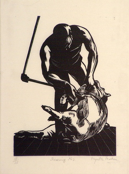 Artist: b'Fasken, Myrtle.' | Title: b'Shearing No.2.' | Date: (1929) | Technique: b'wood-engraving, printed in black ink, from one block' | Copyright: b'\xc2\xa9 The Estate of Myrtle Fasken' Artist: b'Fasken, Myrtle.' | Title: b'Shearing No.2.' | Date: (1929) | Technique: b'wood-engraving, printed in black ink, from one block' | Copyright: b'\xc2\xa9 The Estate of Myrtle Fasken'