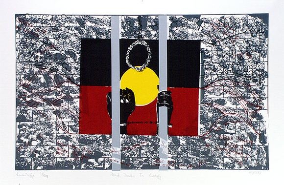 Artist: b'Kunwingie.' | Title: b'Black deaths in custody' | Date: 1988 | Technique: b'screenprint, printed in colour, from multiple stencils' Artist: b'Kunwingie.' | Title: b'Black deaths in custody' | Date: 1988 | Technique: b'screenprint, printed in colour, from multiple stencils'