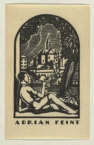 Artist: b'FEINT, Adrian' | Title: b'Bookplate: Adrian Feint.' | Date: 1930 | Technique: b'wood-engraving, printed in black ink, from one block' | Copyright: b'Courtesy the Estate of Adrian Feint' Artist: b'FEINT, Adrian' | Title: b'Bookplate: Adrian Feint.' | Date: 1930 | Technique: b'wood-engraving, printed in black ink, from one block' | Copyright: b'Courtesy the Estate of Adrian Feint'
