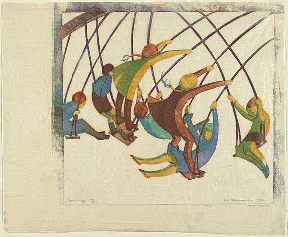 Artist: b'Spowers, Ethel.' | Title: b'Swings' | Date: 1932 | Technique: b'linocut, printed in colour, from four blocks (yellow ochre, cobalt blue, light green, reddish brown)' Artist: b'Spowers, Ethel.' | Title: b'Swings' | Date: 1932 | Technique: b'linocut, printed in colour, from four blocks (yellow ochre, cobalt blue, light green, reddish brown)'