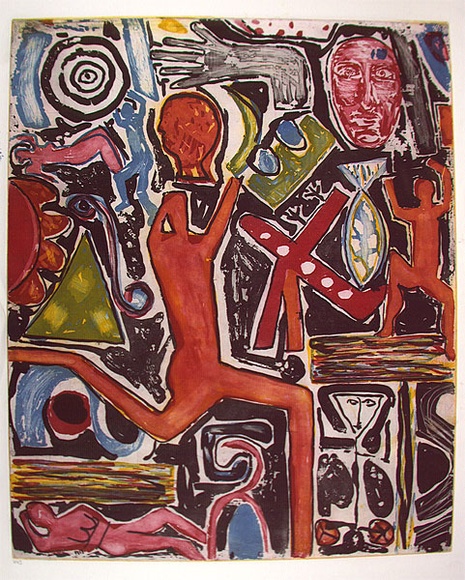 Artist: b'Fransella, Graham.' | Title: b'Figure and plane' | Date: 1985 | Technique: b'aquatint, printed in colour, from multiple plates' | Copyright: b'Courtesy of the artist' Artist: b'Fransella, Graham.' | Title: b'Figure and plane' | Date: 1985 | Technique: b'aquatint, printed in colour, from multiple plates' | Copyright: b'Courtesy of the artist'