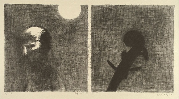 Artist: b'Lincoln, Kevin.' | Title: b'Self-portrait - cello' | Date: 1995, November | Technique: b'lithograph, printed in black ink, from one stone' Artist: b'Lincoln, Kevin.' | Title: b'Self-portrait - cello' | Date: 1995, November | Technique: b'lithograph, printed in black ink, from one stone'