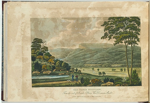 Artist: b'Lycett, Joseph.' | Title: bThe Table Mountain, from the end of Jericho Plains, Van Diemen's Land. | Date: 1825 | Technique: b'etching, and aquatint, printed in black ink, from one copper plate; hand-coloured'