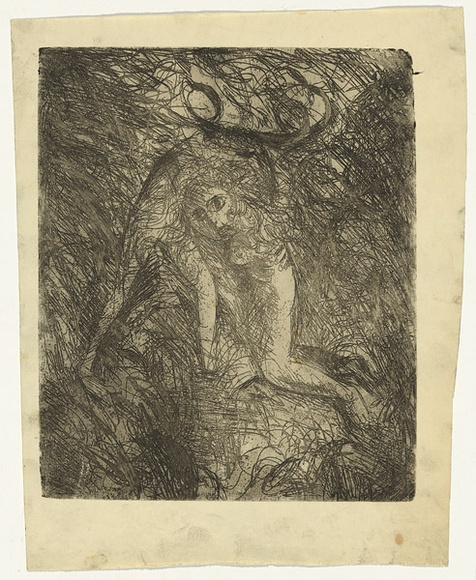 Artist: b'BOYD, Arthur' | Title: b'Kneeling nude with beast II.' | Date: (1962-63) | Technique: b'etching and aquatint, printed in black ink, from one plate' | Copyright: b'Reproduced with permission of Bundanon Trust' Artist: b'BOYD, Arthur' | Title: b'Kneeling nude with beast II.' | Date: (1962-63) | Technique: b'etching and aquatint, printed in black ink, from one plate' | Copyright: b'Reproduced with permission of Bundanon Trust'