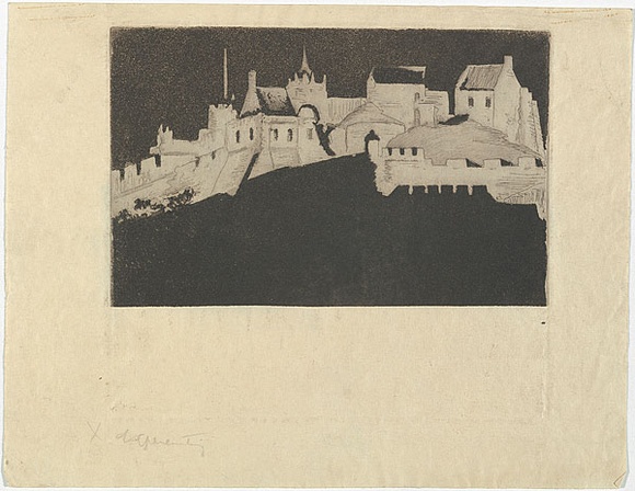 Artist: b'Traill, Jessie.' | Title: b'Floodlit Edinburgh Castle.' | Date: 1939 | Technique: b'etching and aquatint, printed in black ink, from one plate' Artist: b'Traill, Jessie.' | Title: b'Floodlit Edinburgh Castle.' | Date: 1939 | Technique: b'etching and aquatint, printed in black ink, from one plate'