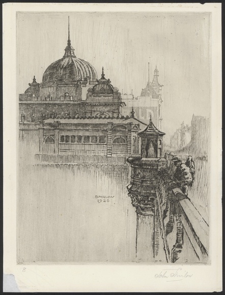 Artist: Shirlow, John. | Title: Flinders Street Station from Princes Bridge. | Date: 1920 (dated) | Technique: etching, printed in black ink, from one copper plate