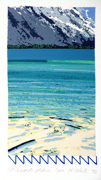 Artist: b'White, Robin.' | Title: b'Towards Makin 1 pm' | Date: 1988 | Technique: b'screenprint, printed in colour, from multiple stencils' Artist: b'White, Robin.' | Title: b'Towards Makin 1 pm' | Date: 1988 | Technique: b'screenprint, printed in colour, from multiple stencils'