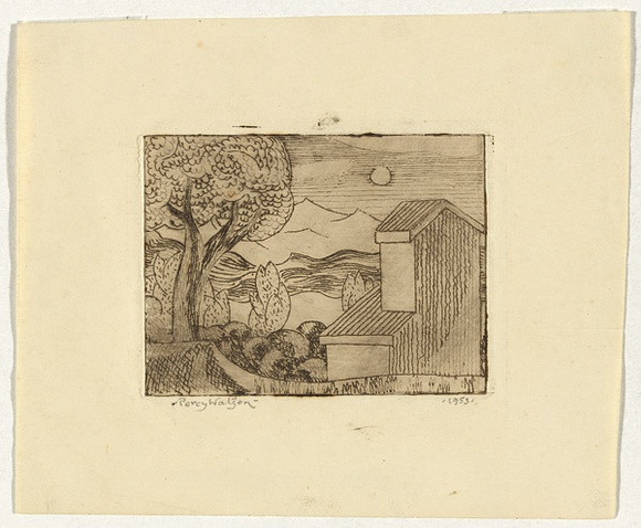 Artist: b'Watson, Percy.' | Title: b'(Decorative landscape)' | Date: 1953 | Technique: b'etching, printed in black ink, from one plate' Artist: b'Watson, Percy.' | Title: b'(Decorative landscape)' | Date: 1953 | Technique: b'etching, printed in black ink, from one plate'